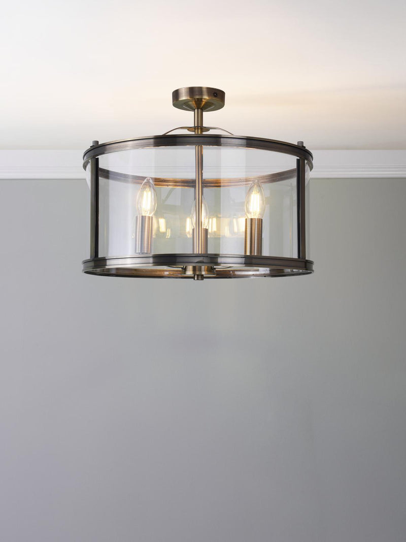 Laura Ashley Harrington 3 Light Semi-Flush Antique Brass and Glass • LA3756556-Q