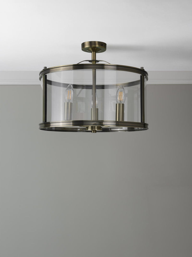 Laura Ashley Harrington 3 Light Semi-Flush Antique Brass and Glass • LA3756556-Q