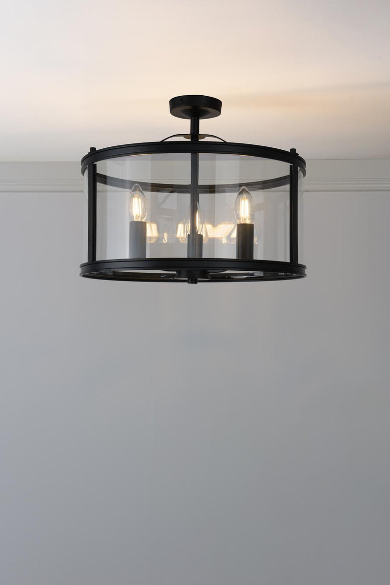 Laura Ashley Harrington 3 Light Semi-Flush Matt Black and Glass • LA3756557-Q