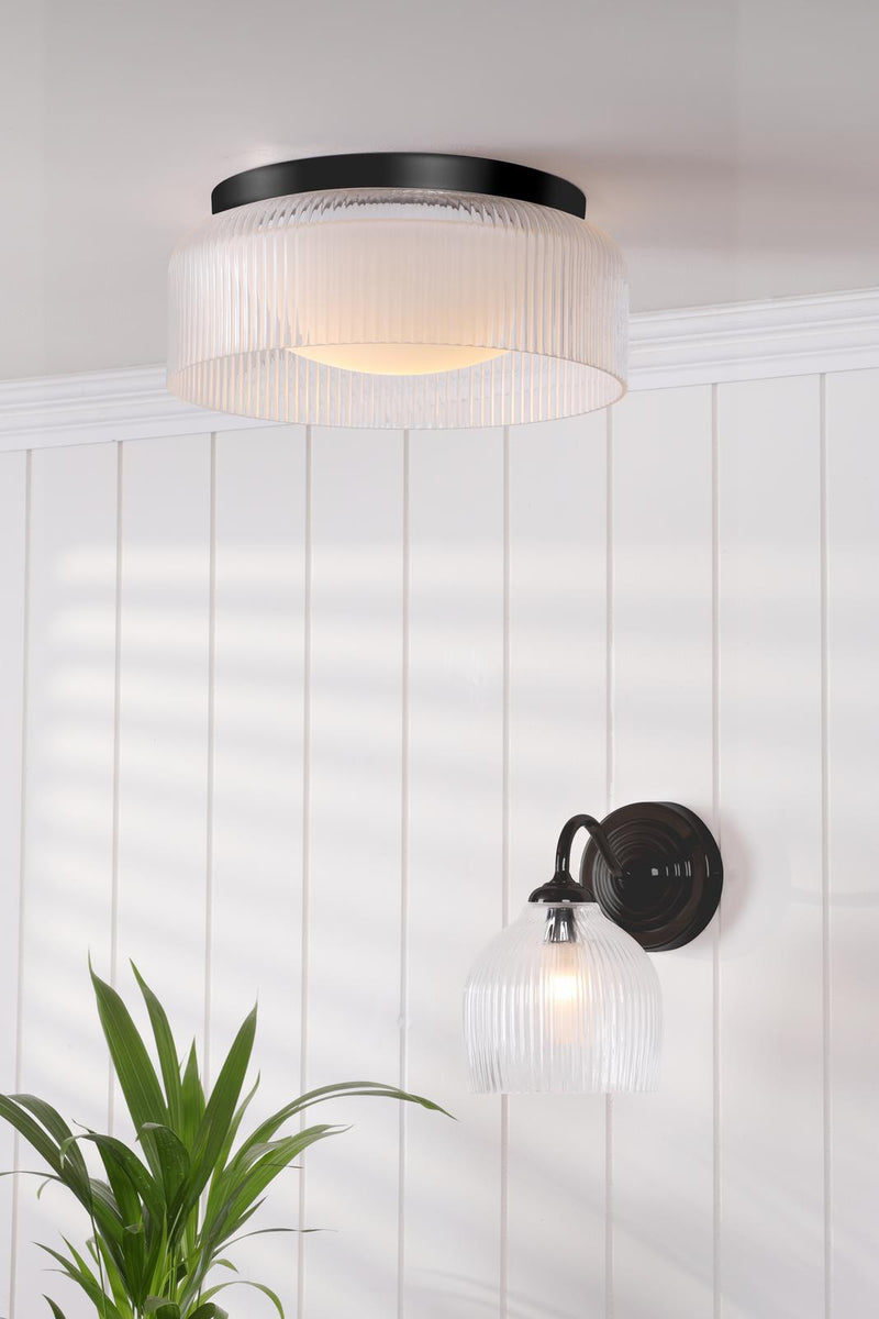Laura Ashley Charissa Bathroom Ceiling Light Matt Black and Ribbed Glass IP44 • LA3756572-Q