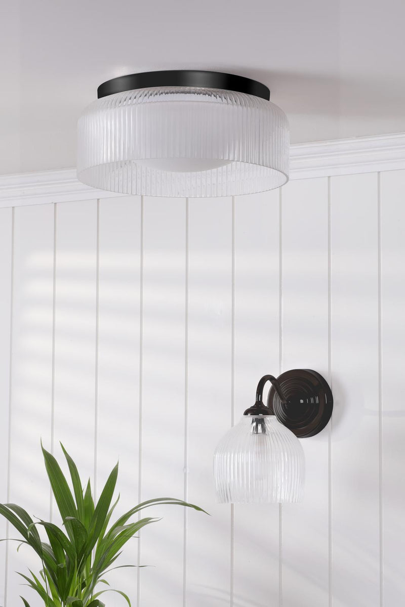Laura Ashley Charissa Bathroom Ceiling Light Matt Black and Ribbed Glass IP44 • LA3756572-Q