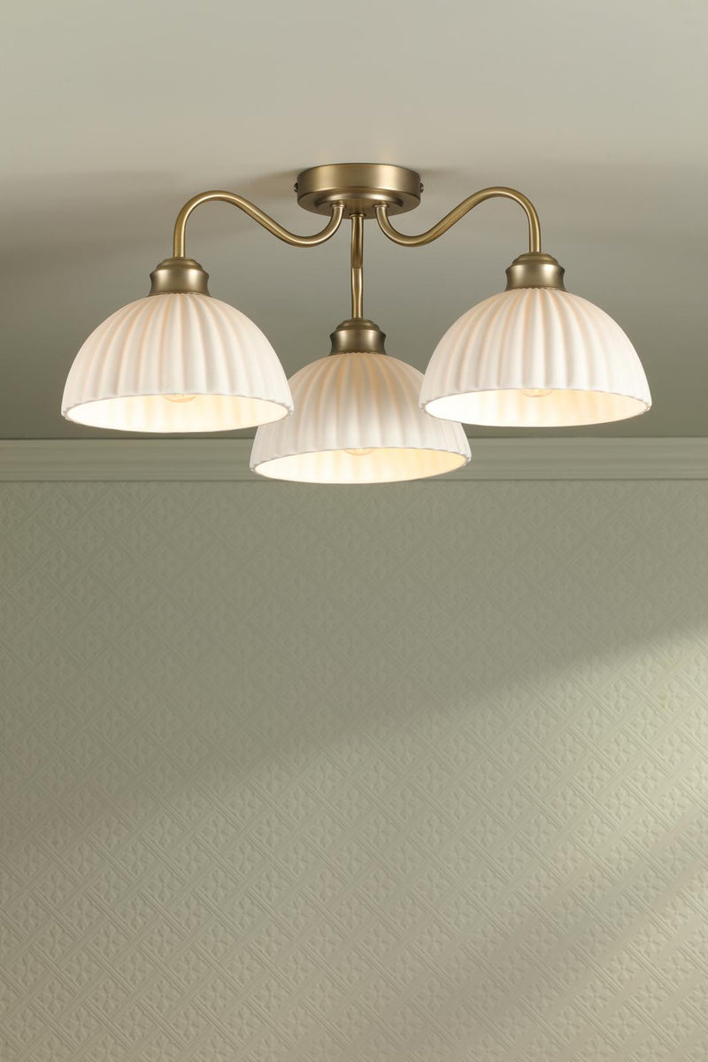 Laura Ashley Durford 3 Light Semi-Flush Matt Antique Brass and White Ceramic • LA3756580-Q