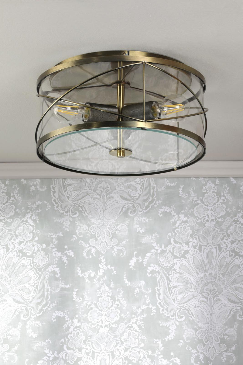 Laura Ashley Beckworth 3 Light Flush Antique Brass and Glass • LA3756586-Q