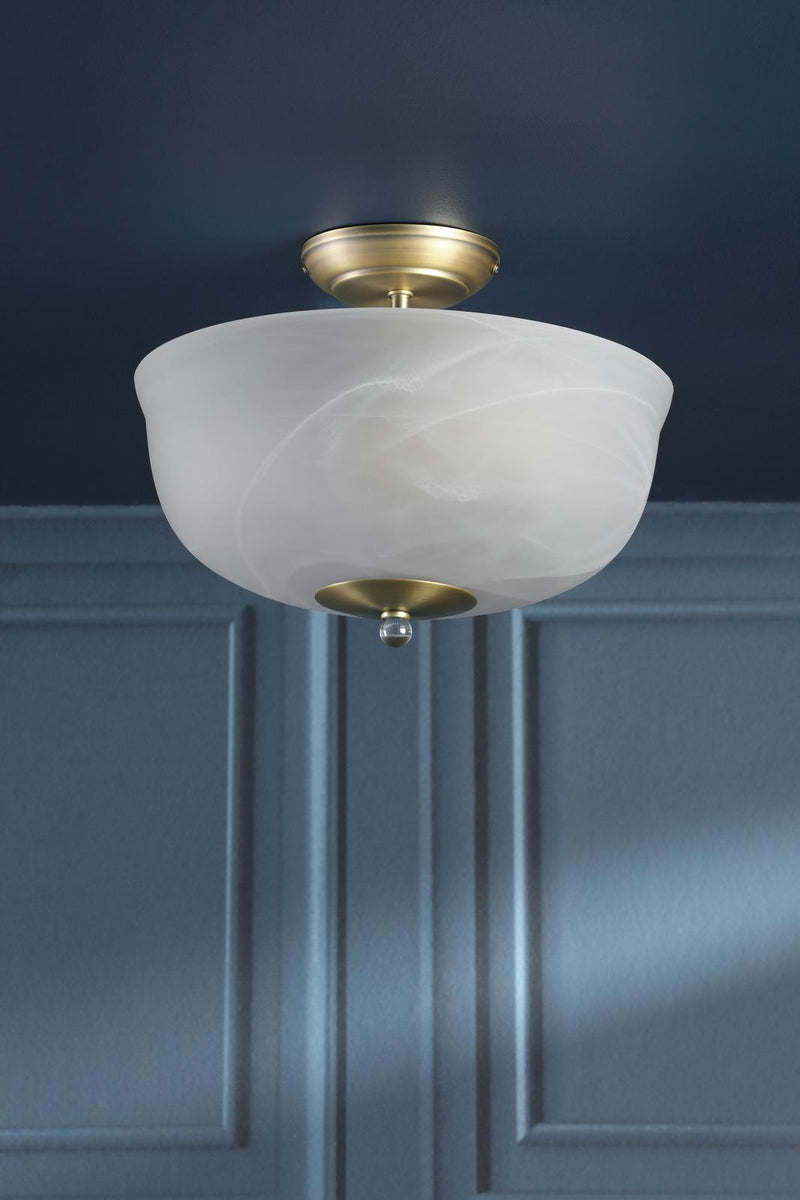 Laura Ashley Cossington 2 Light Semi-Flush Matt Antique Brass and White Marble Effect Glass • LA3756594-Q