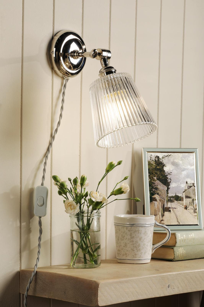 Laura Ashley Callaghan Plugged Wall Light Polished Nickel and Ribbed Glass • LA3756596-Q