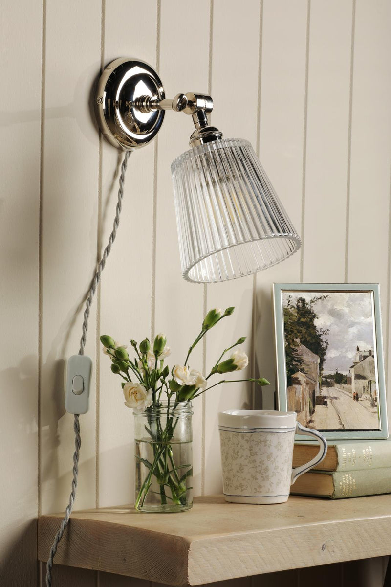 Laura Ashley Callaghan Plugged Wall Light Polished Nickel and Ribbed Glass • LA3756596-Q