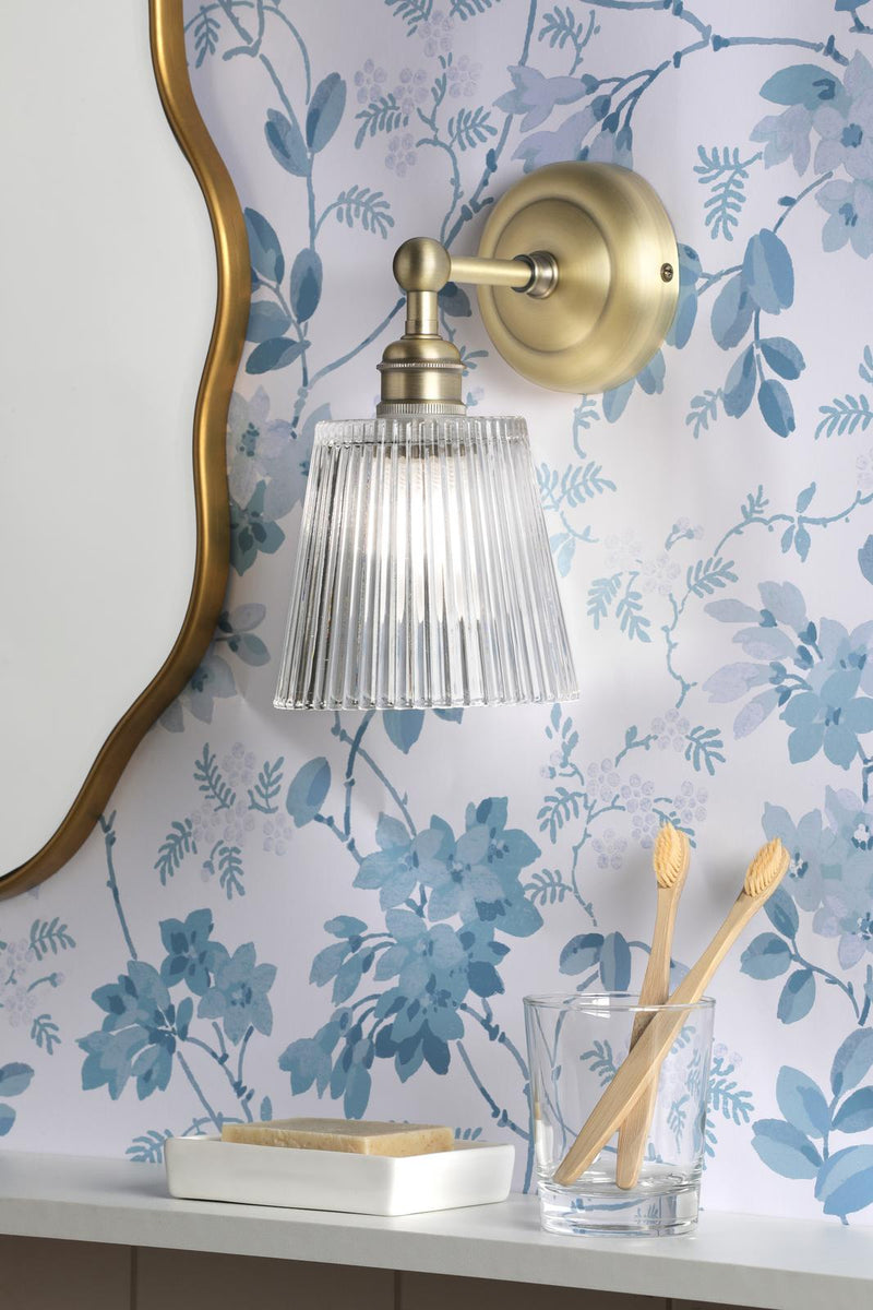 Laura Ashley Callaghan Bathroom Wall Light Matt Antique Brass and Ribbed Glass IP44 • LA3756600-Q
