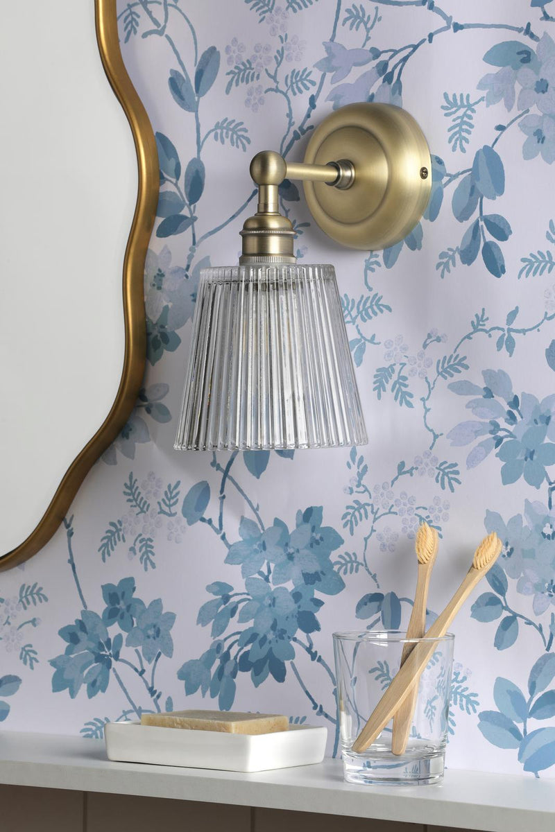 Laura Ashley Callaghan Bathroom Wall Light Matt Antique Brass and Ribbed Glass IP44 • LA3756600-Q