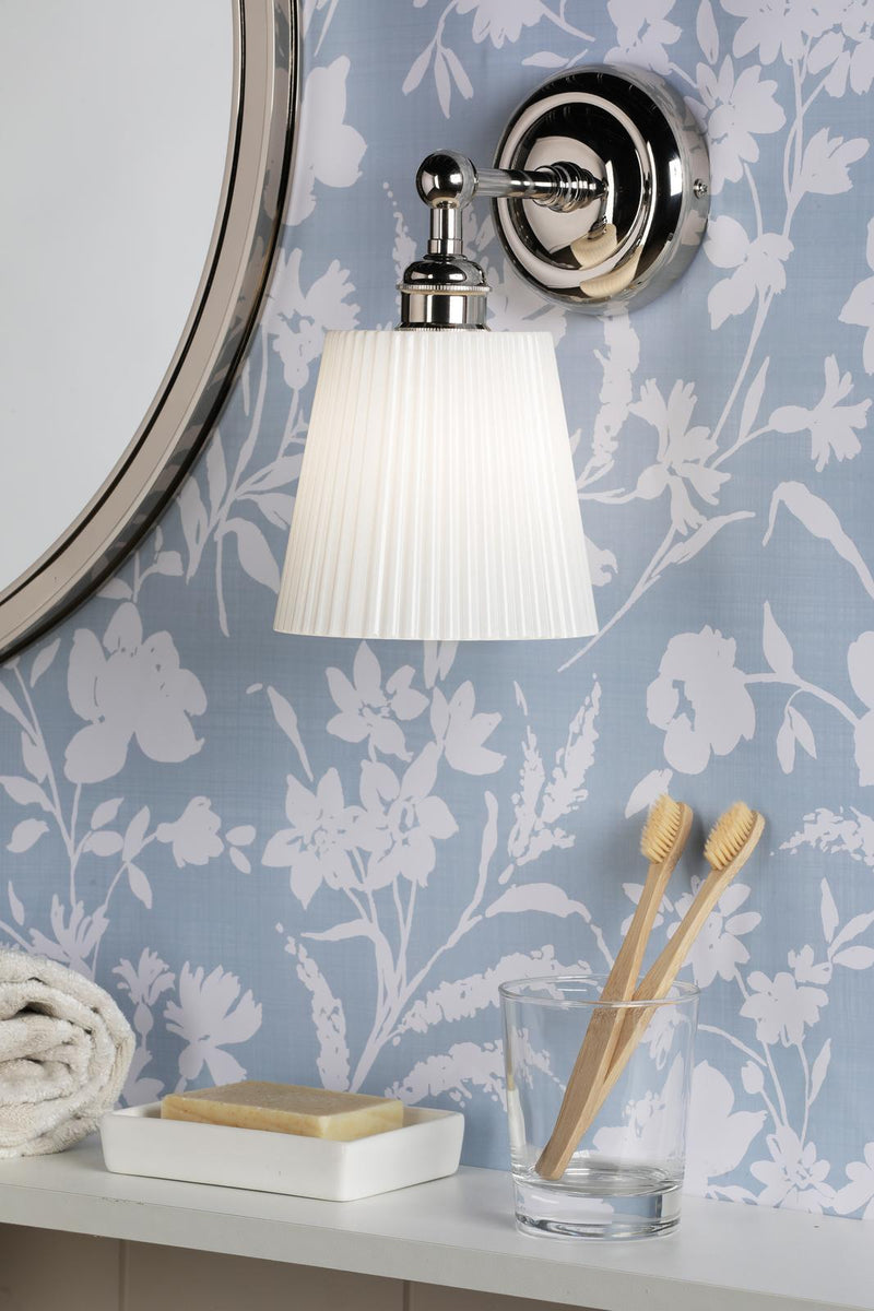 Laura Ashley Callaghan Bathroom Wall Light Polished Nickel and White Ribbed Glass IP44 • LA3756601-Q