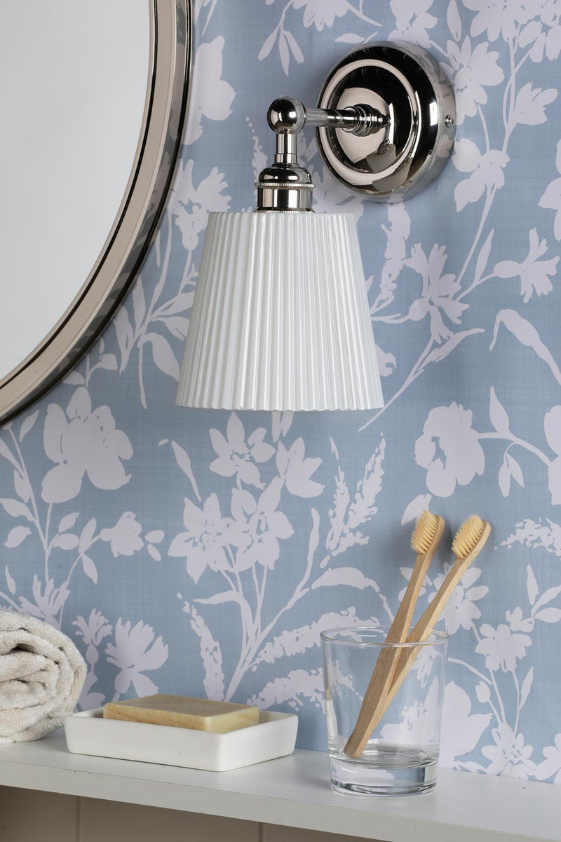 Laura Ashley Callaghan Bathroom Wall Light Polished Nickel and White Ribbed Glass IP44 • LA3756601-Q