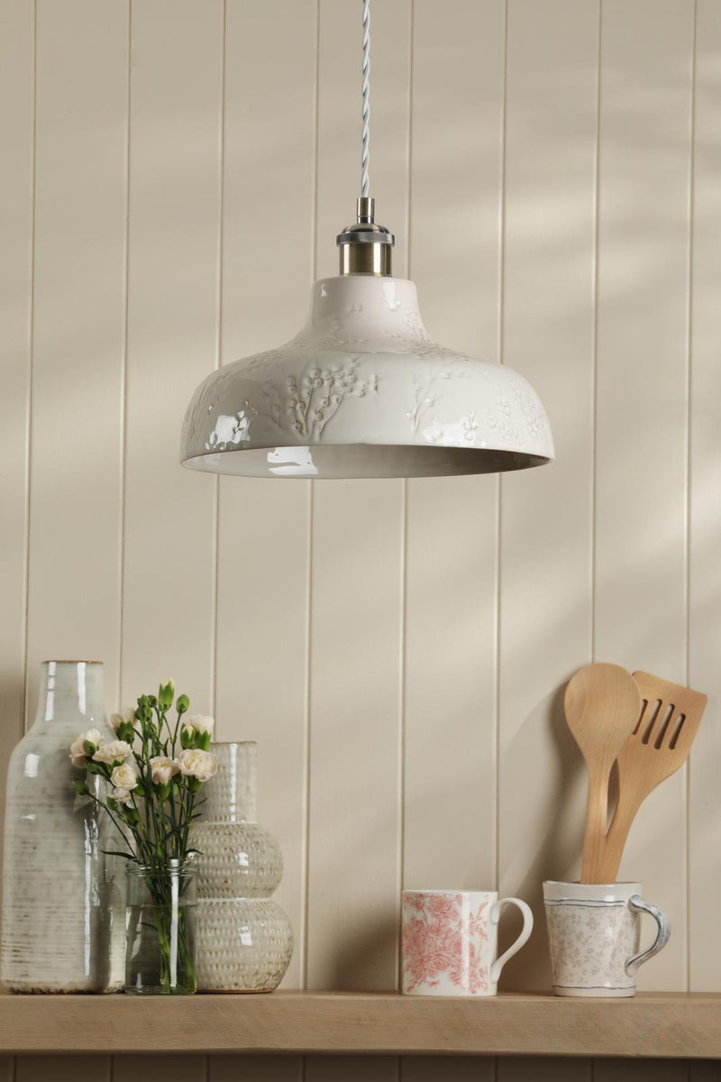 Laura Ashley Pussywillow Pendant Antique Brass and White Ceramic • LA3756622-Q