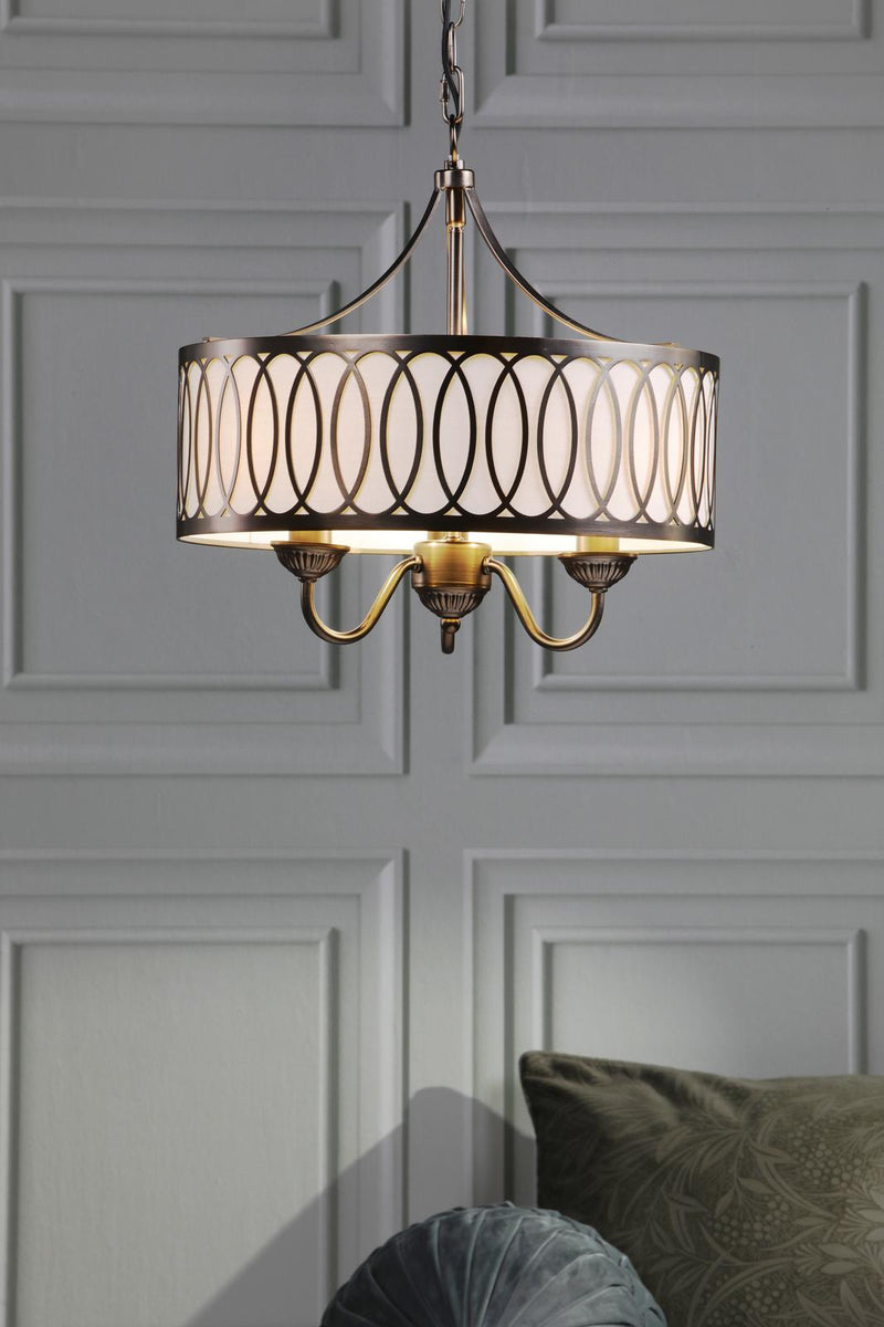 Laura Ashley Allerford 3 Light Pendant Satin Bronze and Taupe • LA3756646-Q