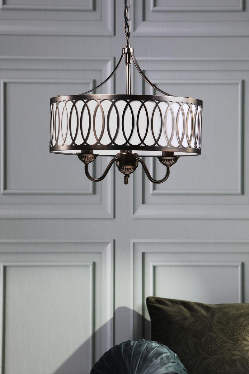 Laura Ashley Allerford 3 Light Pendant Satin Bronze and Taupe • LA3756646-Q