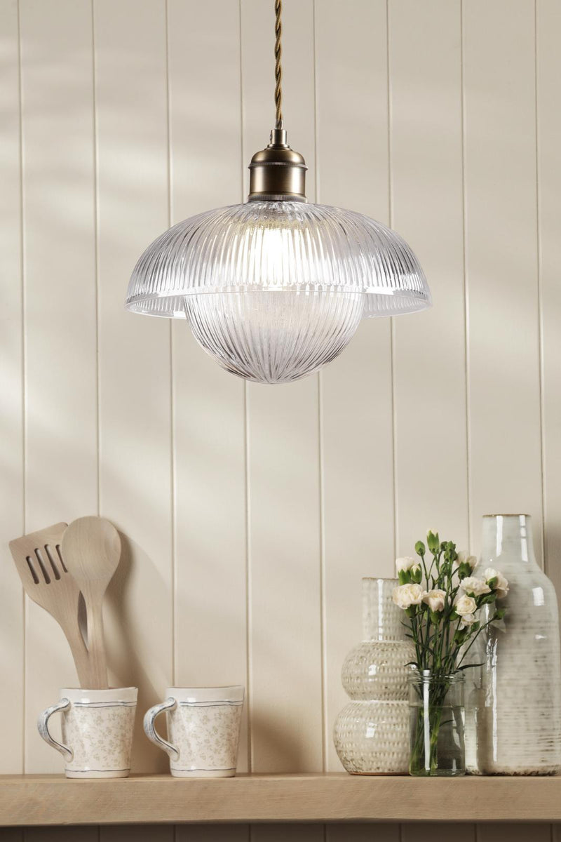 Laura Ashley Billham Pendant Matt Antique Brass and Ribbed Glass • LA3756651-Q