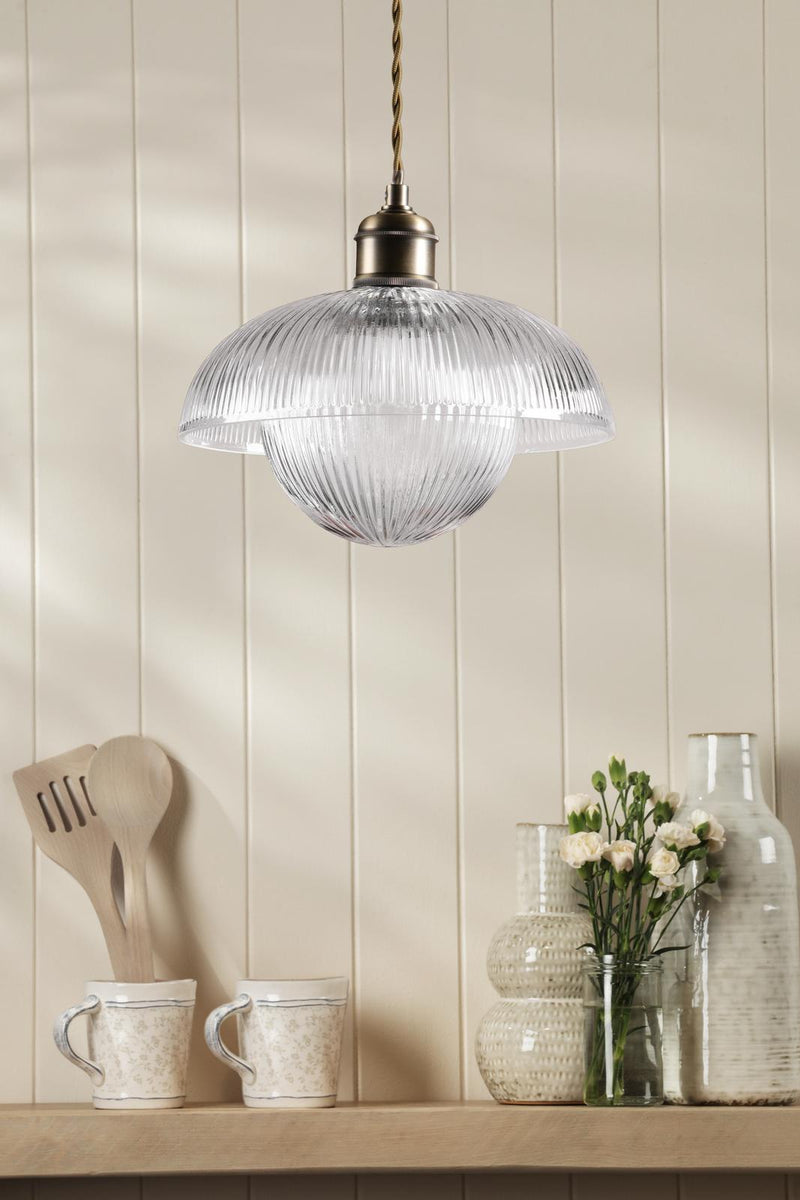 Laura Ashley Billham Pendant Matt Antique Brass and Ribbed Glass • LA3756651-Q