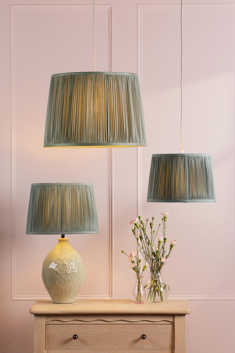 Laura Ashley Hemsley Green 100% Silk Tapered Drum Shade 40cm/16 inch • LA3756667-Q