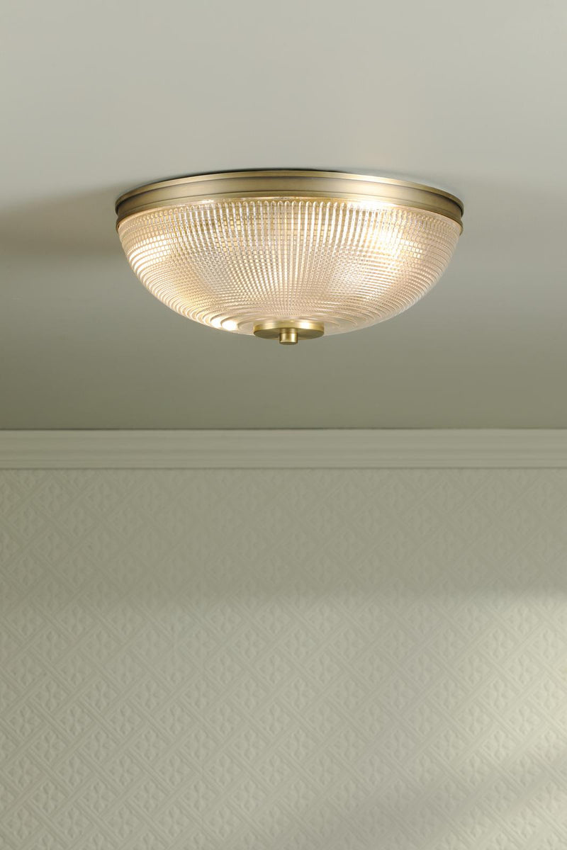Laura Ashley Langdon 2 Light Bathroom Ceiling Light Matt Antique Brass and Textured Glass IP44 • LA3756717-Q