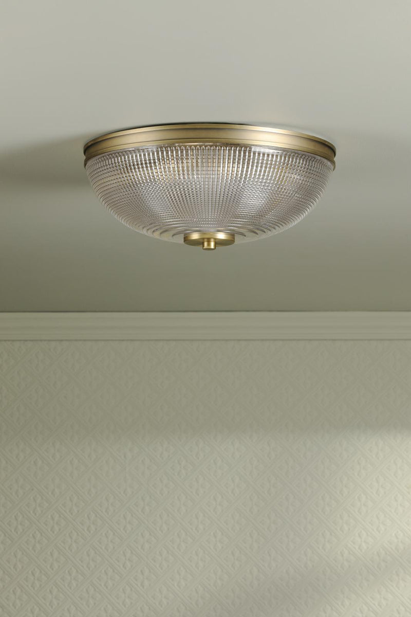 Laura Ashley Langdon 2 Light Bathroom Ceiling Light Matt Antique Brass and Textured Glass IP44 • LA3756717-Q