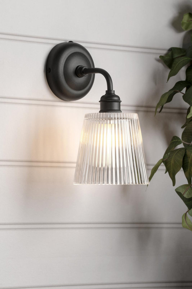 Laura Ashley Callaghan Outdoor Wall Light Matt Black and Ribbed Glass IP44 • LA3756719-Q