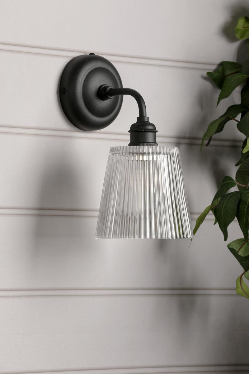 Laura Ashley Callaghan Outdoor Wall Light Matt Black and Ribbed Glass IP44 • LA3756719-Q