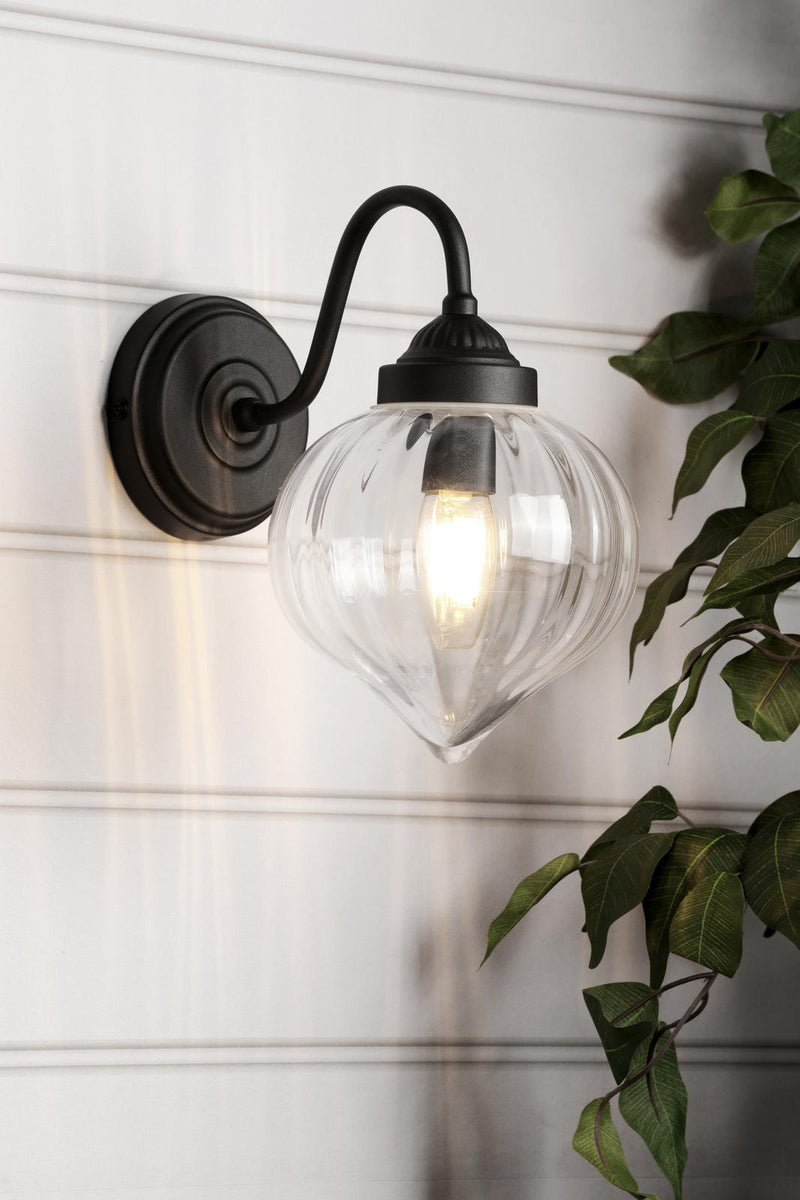 Laura Ashley Whitham Outdoor Wall Light Matt Black and Ribbed Glass IP44 • LA3756721-Q