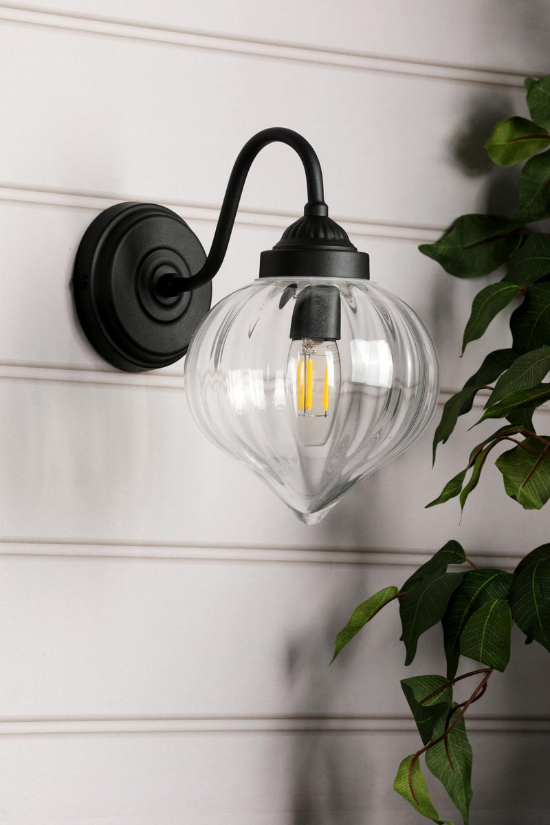 Laura Ashley Whitham Outdoor Wall Light Matt Black and Ribbed Glass IP44 • LA3756721-Q