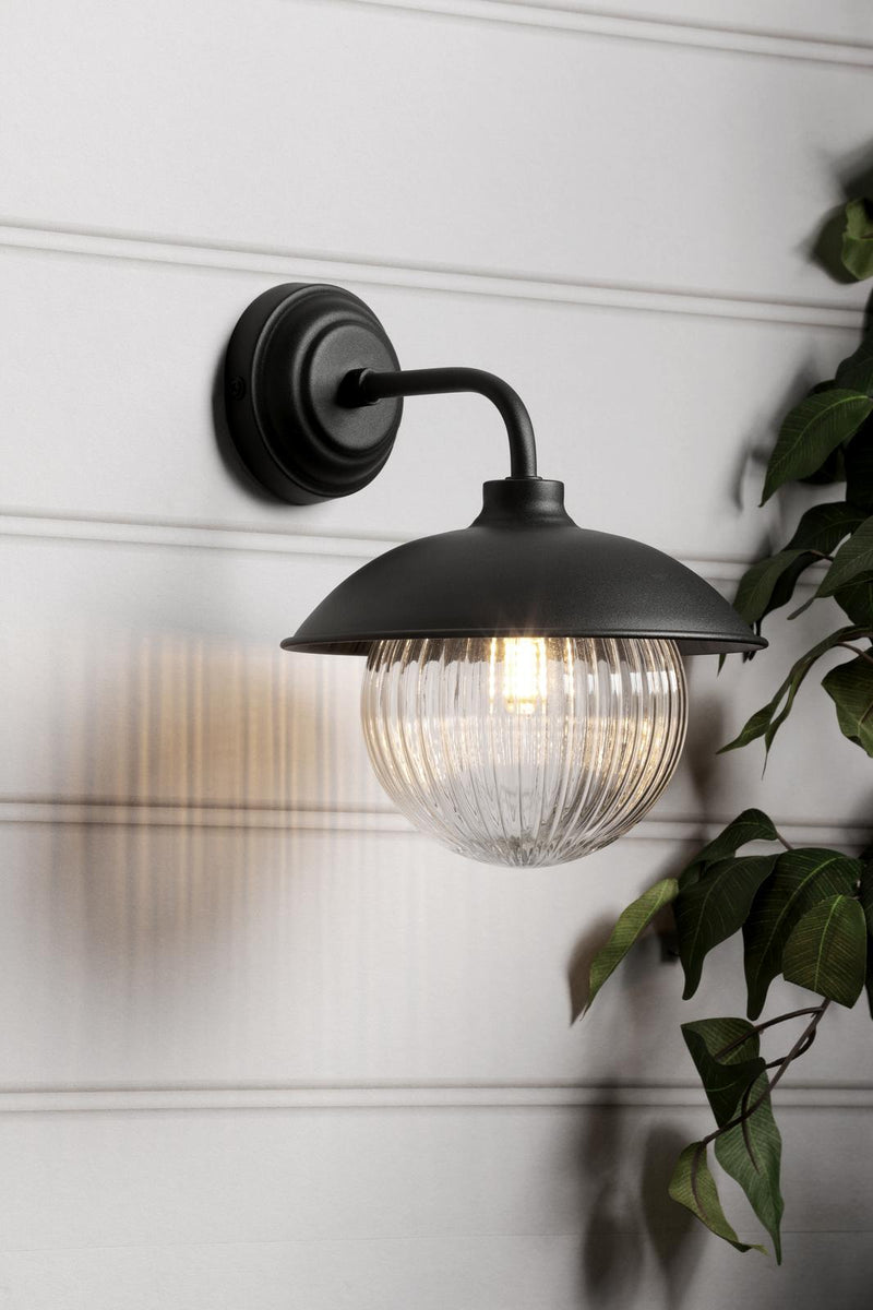 Laura Ashley Hatton Outdoor Wall Light Matt Black and Ribbed Glass IP44 • LA3756722-Q
