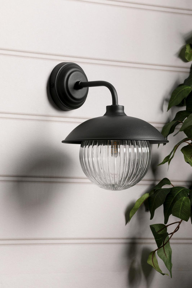 Laura Ashley Hatton Outdoor Wall Light Matt Black and Ribbed Glass IP44 • LA3756722-Q