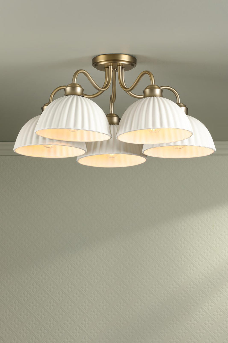 Laura Ashley Durford 5 Light Semi-Flush Matt Antique Brass and White Ceramic • LA3756725-Q