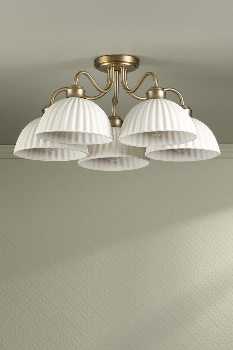 Laura Ashley Durford 5 Light Semi-Flush Matt Antique Brass and White Ceramic • LA3756725-Q