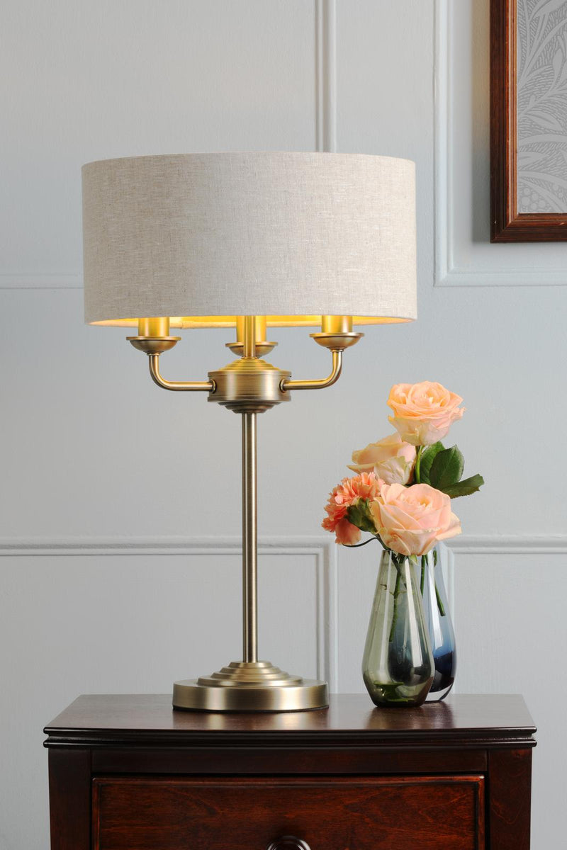 Laura Ashley Sorrento 3 Light Table Lamp Matt Antique Brass With Natural Shade • LA3756754-Q