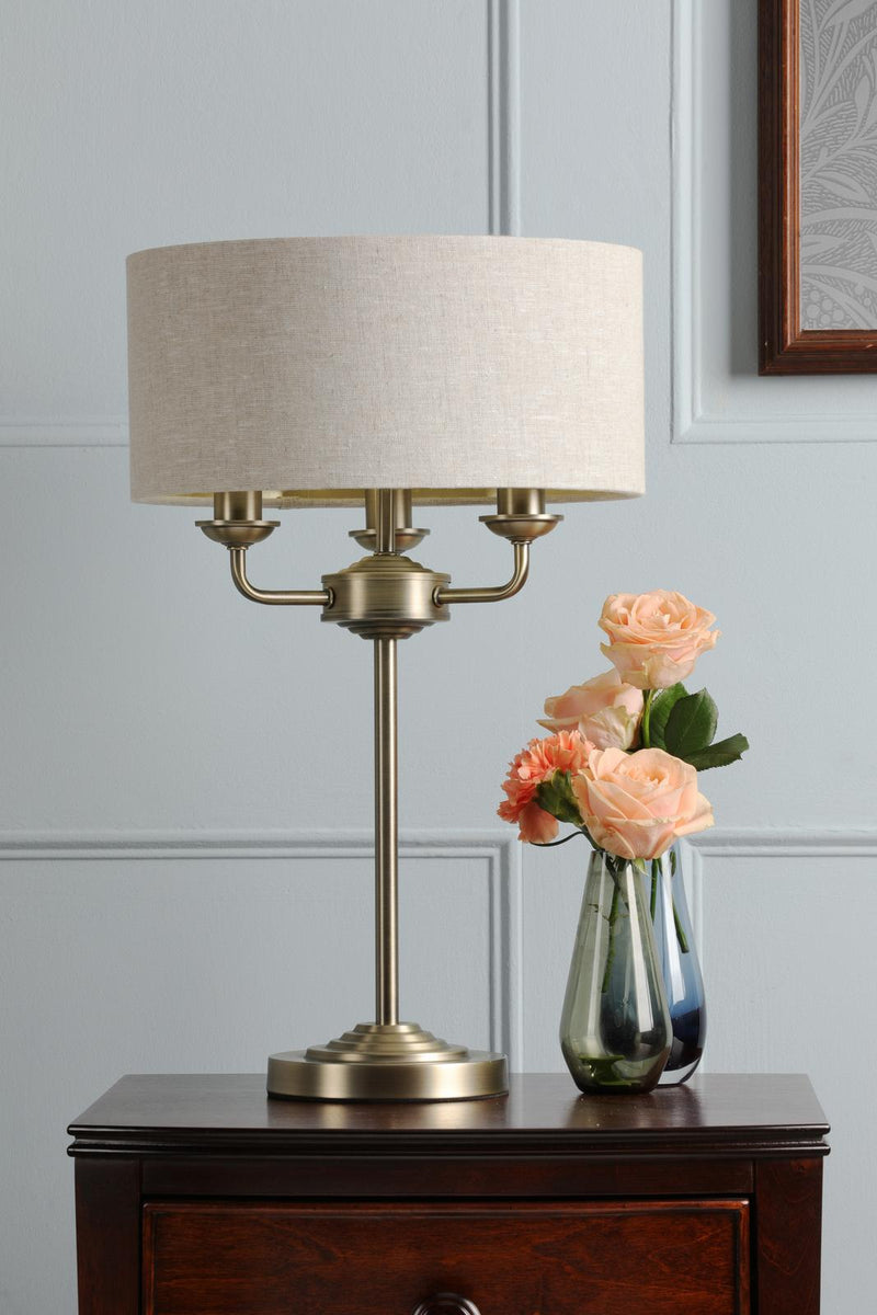 Laura Ashley Sorrento 3 Light Table Lamp Matt Antique Brass With Natural Shade • LA3756754-Q