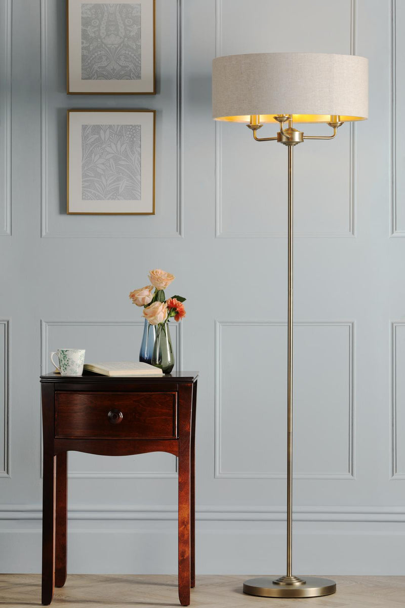 Laura Ashley Sorrento 3 Light Floor Lamp Matt Antique Brass With Natural Shade • LA3756755-Q