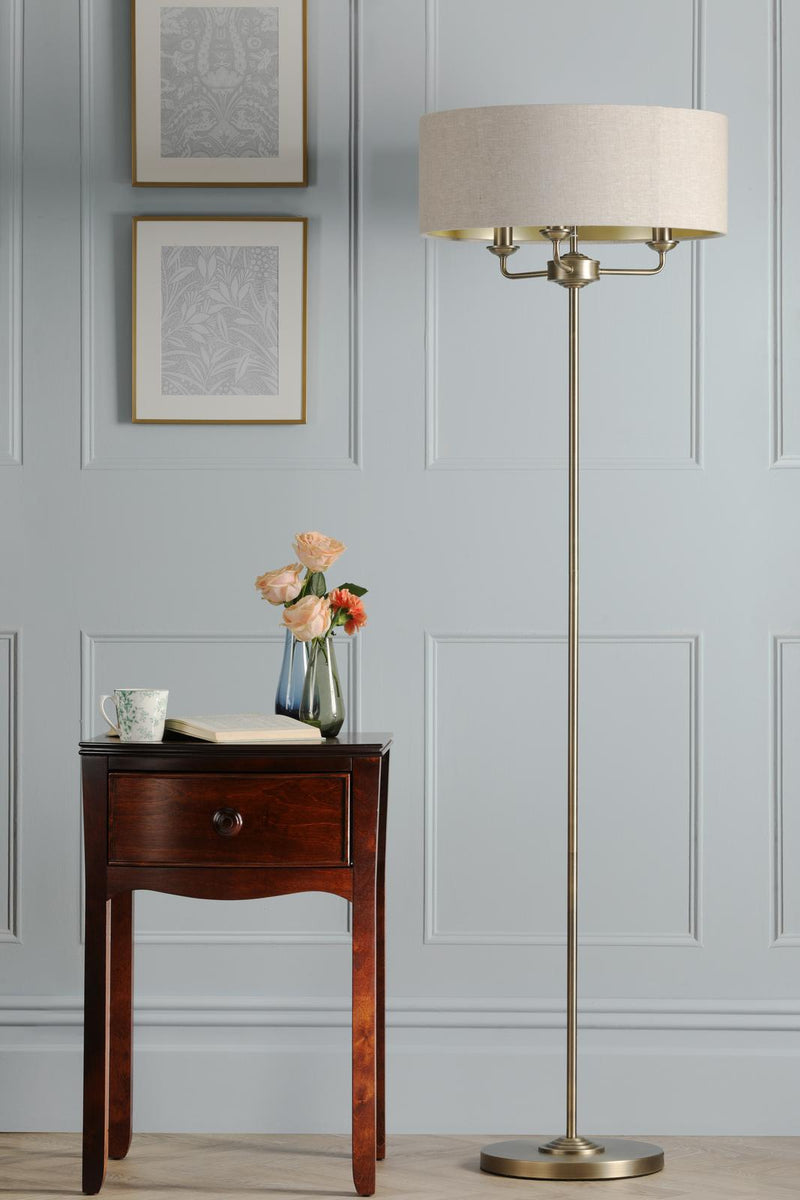 Laura Ashley Sorrento 3 Light Floor Lamp Matt Antique Brass With Natural Shade • LA3756755-Q