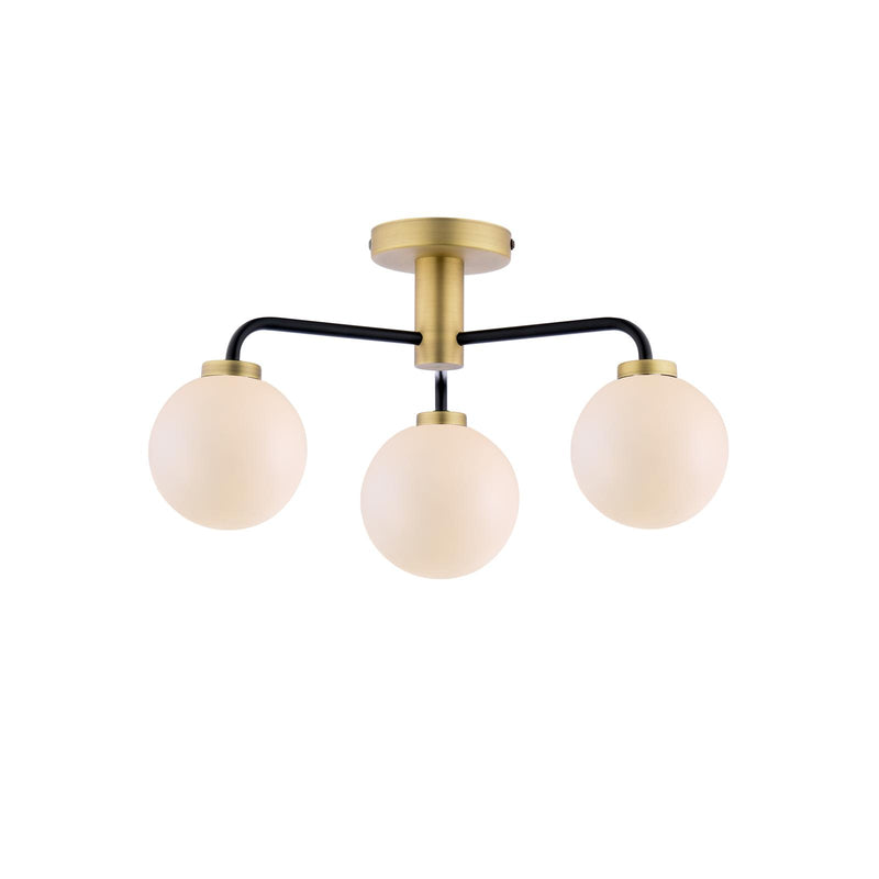 Dar Lighting Lainey 3 Light Semi-Flush Matt Black and Antique Brass With Opal Glass • LAI5354-02