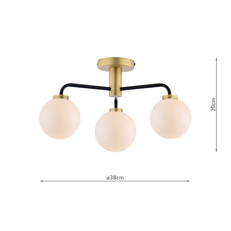 Dar Lighting Lainey 3 Light Semi-Flush Matt Black and Antique Brass With Opal Glass • LAI5354-02