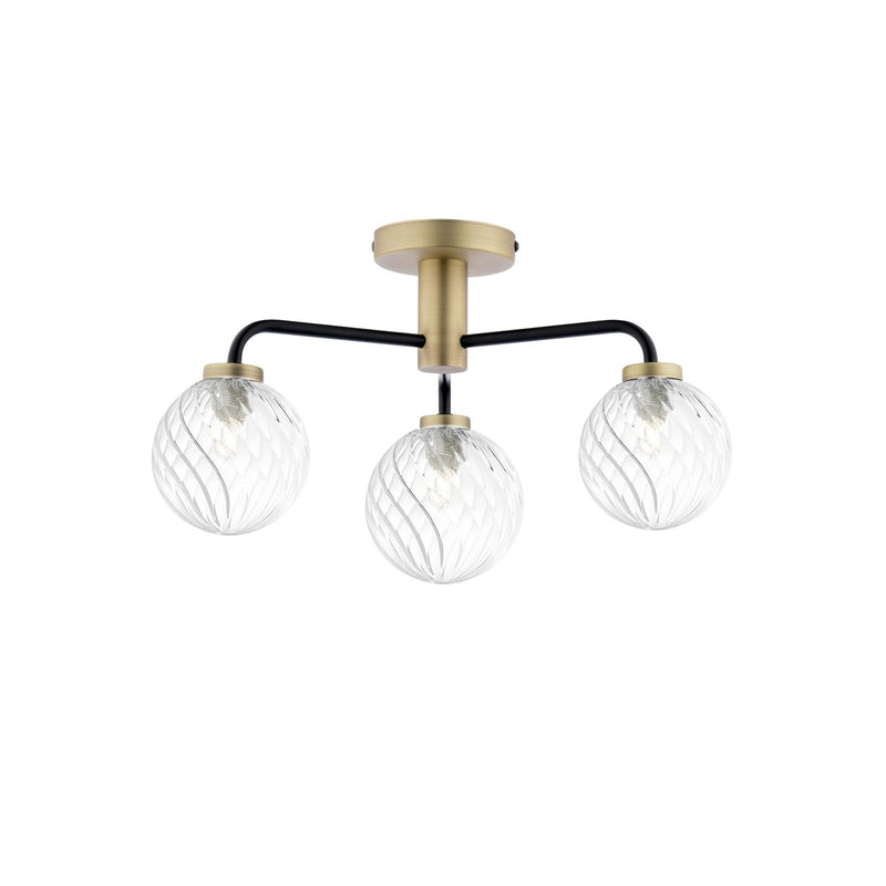 Dar Lighting Lainey 3 Light Semi-Flush Matt Black and Antique Brass With Twisted Glass • LAI5354-03