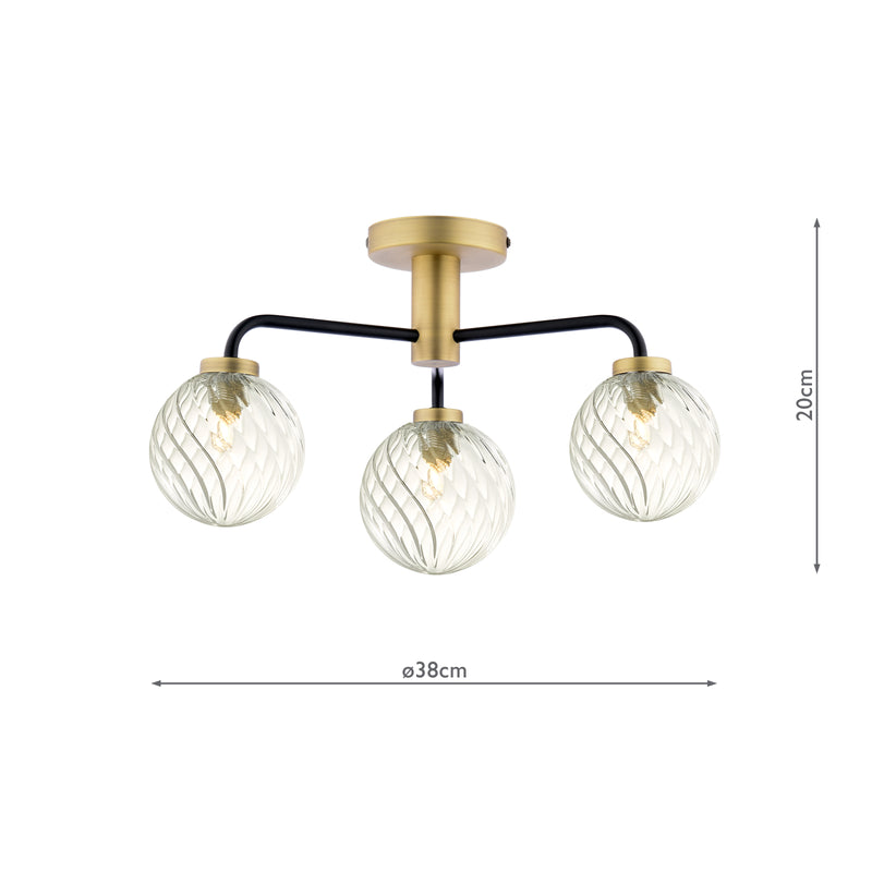 Dar Lighting Lainey 3 Light Semi-Flush Matt Black and Antique Brass With Twisted Glass • LAI5354-03