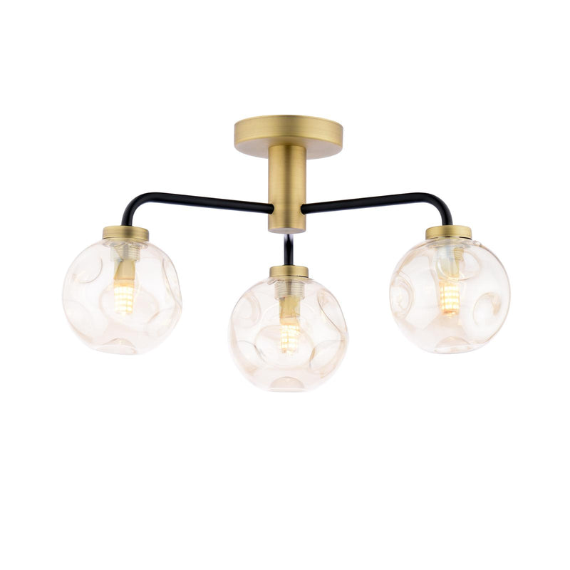 Dar Lighting Lainey 3 Light Semi-Flush Matt Black and Antique Brass With Closed Organic Amber Glass • LAI5354-27