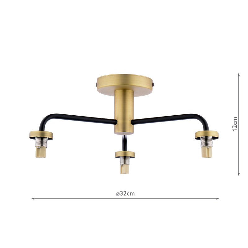 Dar Lighting Lainey 3 Light Semi-Flush Matt Black and Antique Brass Frame Only • LAI5354-F