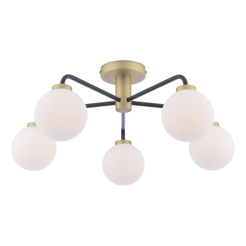 Dar Lighting Lainey 5 Light Semi-Flush Matt Black and Antique Brass With Opal Glass • LAI5454-02