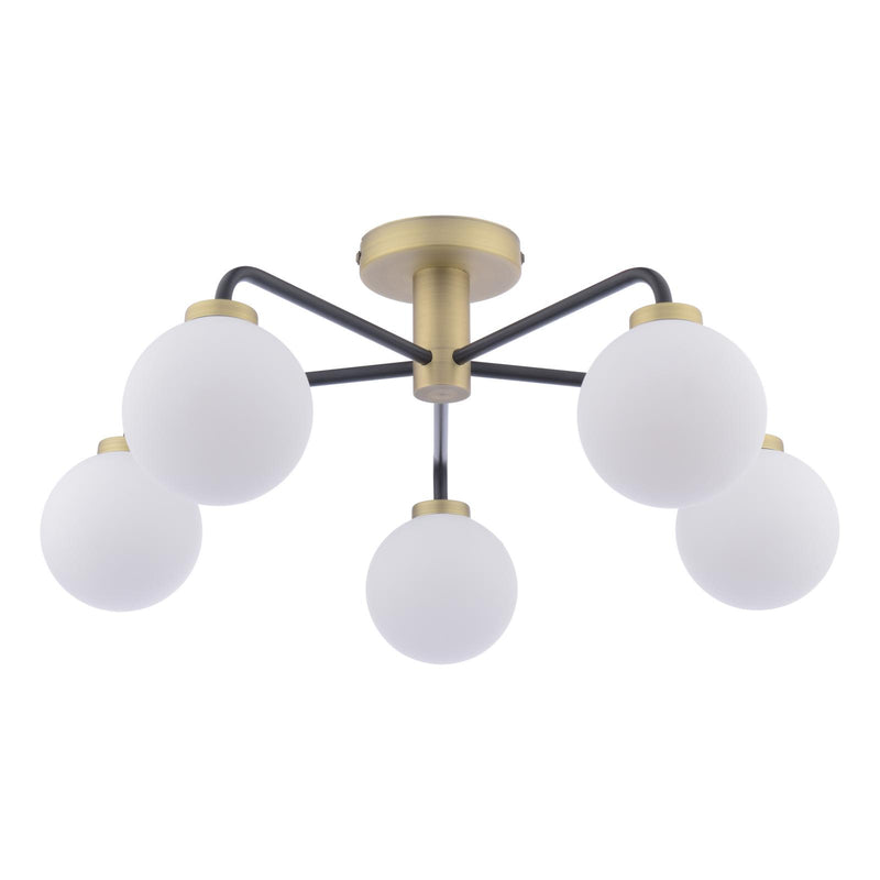Dar Lighting Lainey 5 Light Semi-Flush Matt Black and Antique Brass With Opal Glass • LAI5454-02