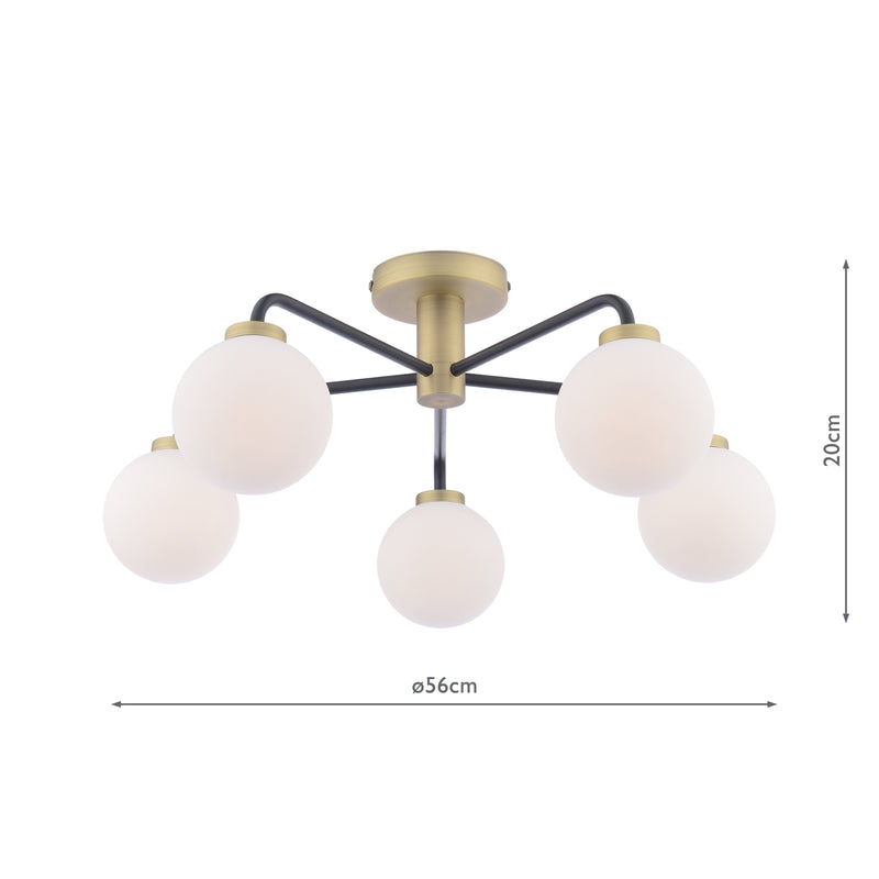 Dar Lighting Lainey 5 Light Semi-Flush Matt Black and Antique Brass With Opal Glass • LAI5454-02