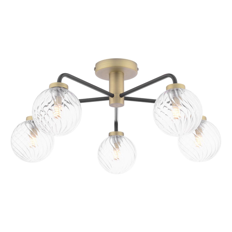 Dar Lighting Lainey 5 Light Semi-Flush Matt Black and Antique Brass With Twisted Glass • LAI5454-03