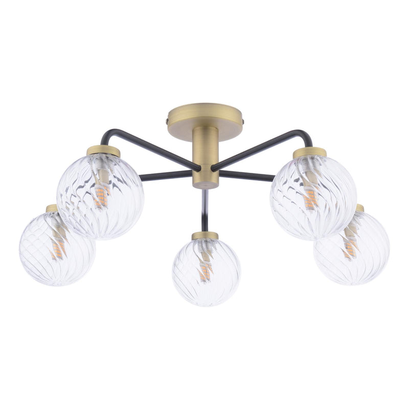 Dar Lighting Lainey 5 Light Semi-Flush Matt Black and Antique Brass With Twisted Glass • LAI5454-03