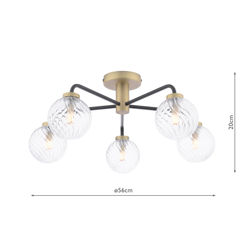 Dar Lighting Lainey 5 Light Semi-Flush Matt Black and Antique Brass With Twisted Glass • LAI5454-03