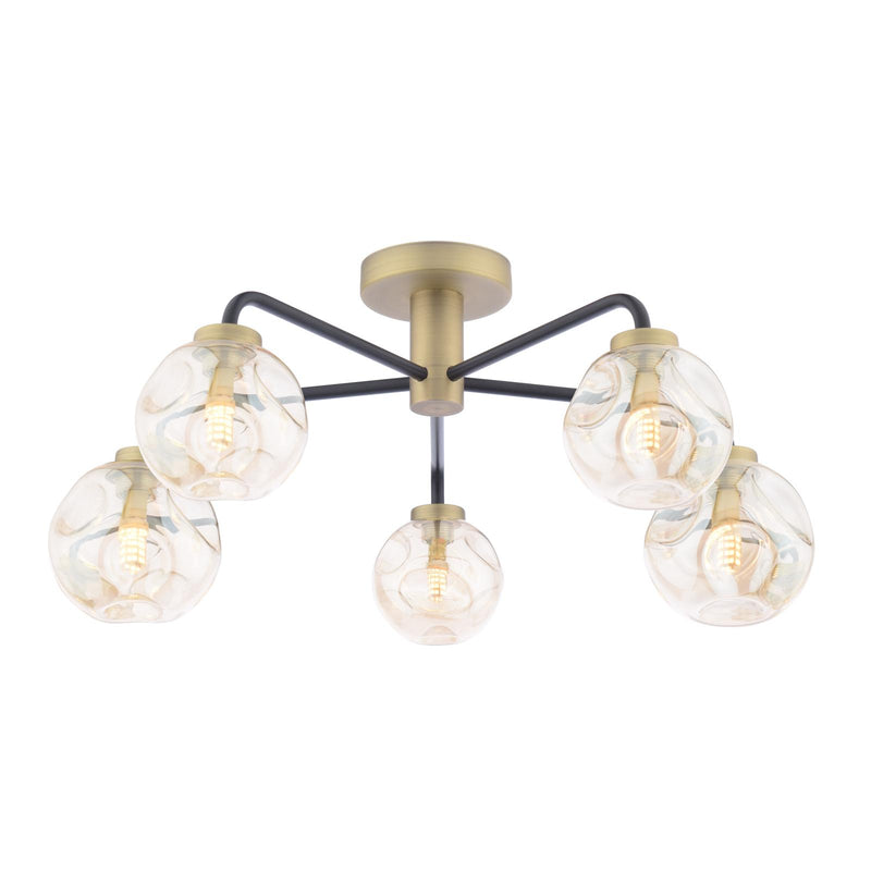 Dar Lighting Lainey 5 Light Semi-Flush Matt Black and Antique Brass With Closed Organic Amber Glass • LAI5454-27