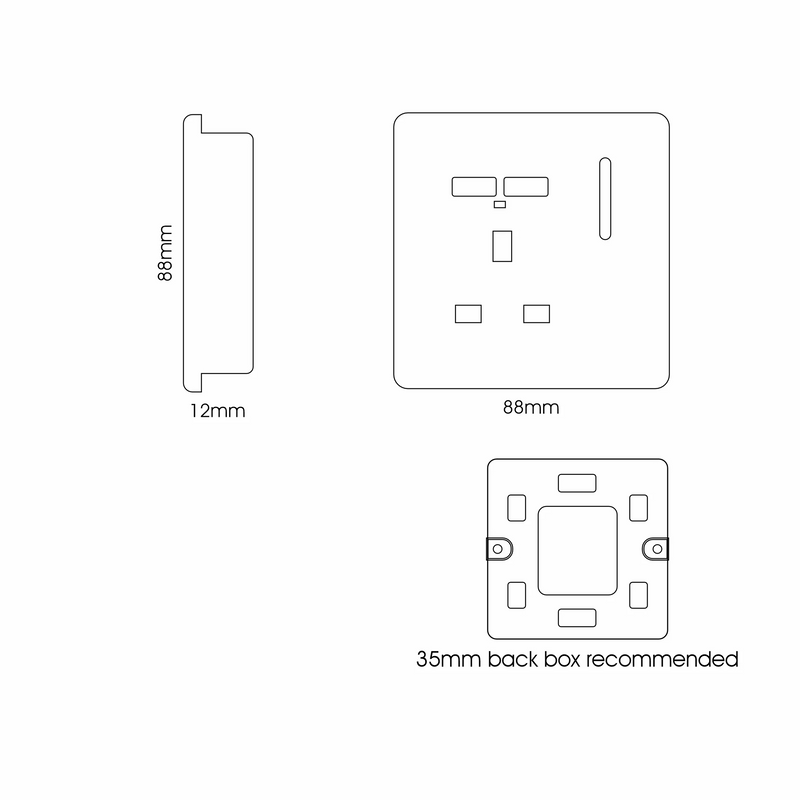 Trendi, Artistic Modern 1 Gang 13Amp Switched Socket WIth 2 x USB Ports Carbon Fibre Finish, BRITISH MADE, (35mm Back Box Required), 5yrs Warranty • ART-SKT13USBCF