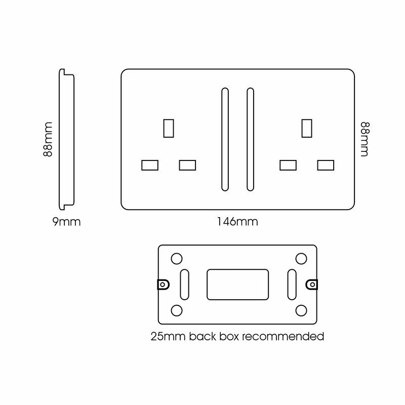Trendi, Artistic Modern 2 Gang 13Amp Long Switched Double Socket Carbon Fibre Finish, BRITISH MADE, (25mm Back Box Required), 10yrs Warranty • ART-SKT213LCF