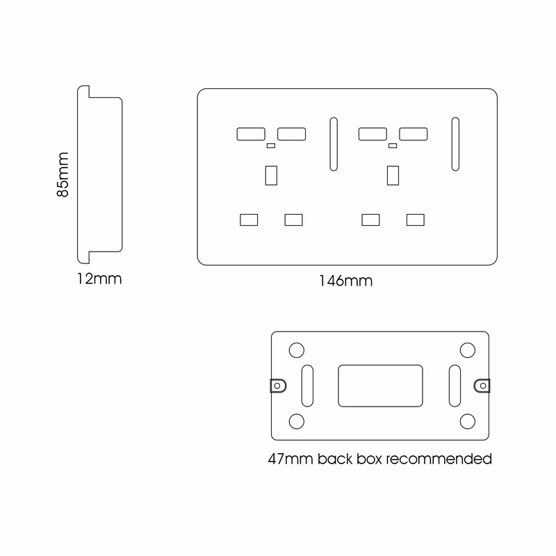Trendi, Artistic Modern 2 Gang 13Amp Switched Double Socket With 4 x USB-A 10W Carbon Fibre Finish, BRITISH MADE, (45mm Back Box Required), 5yrs Warranty • ART-SKT213USBCF
